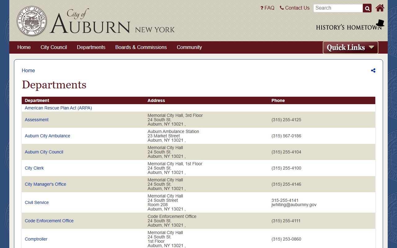 Auburn City Clerk department page for white pages searches