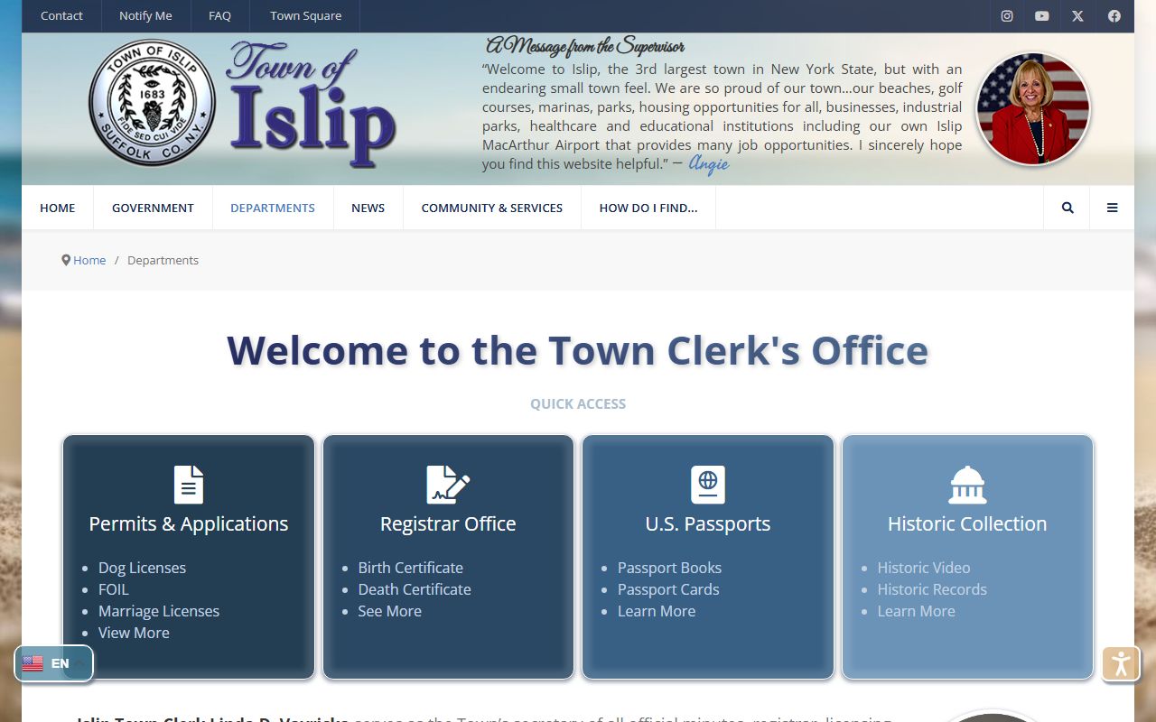 Islip Town Clerk website for white pages record searches