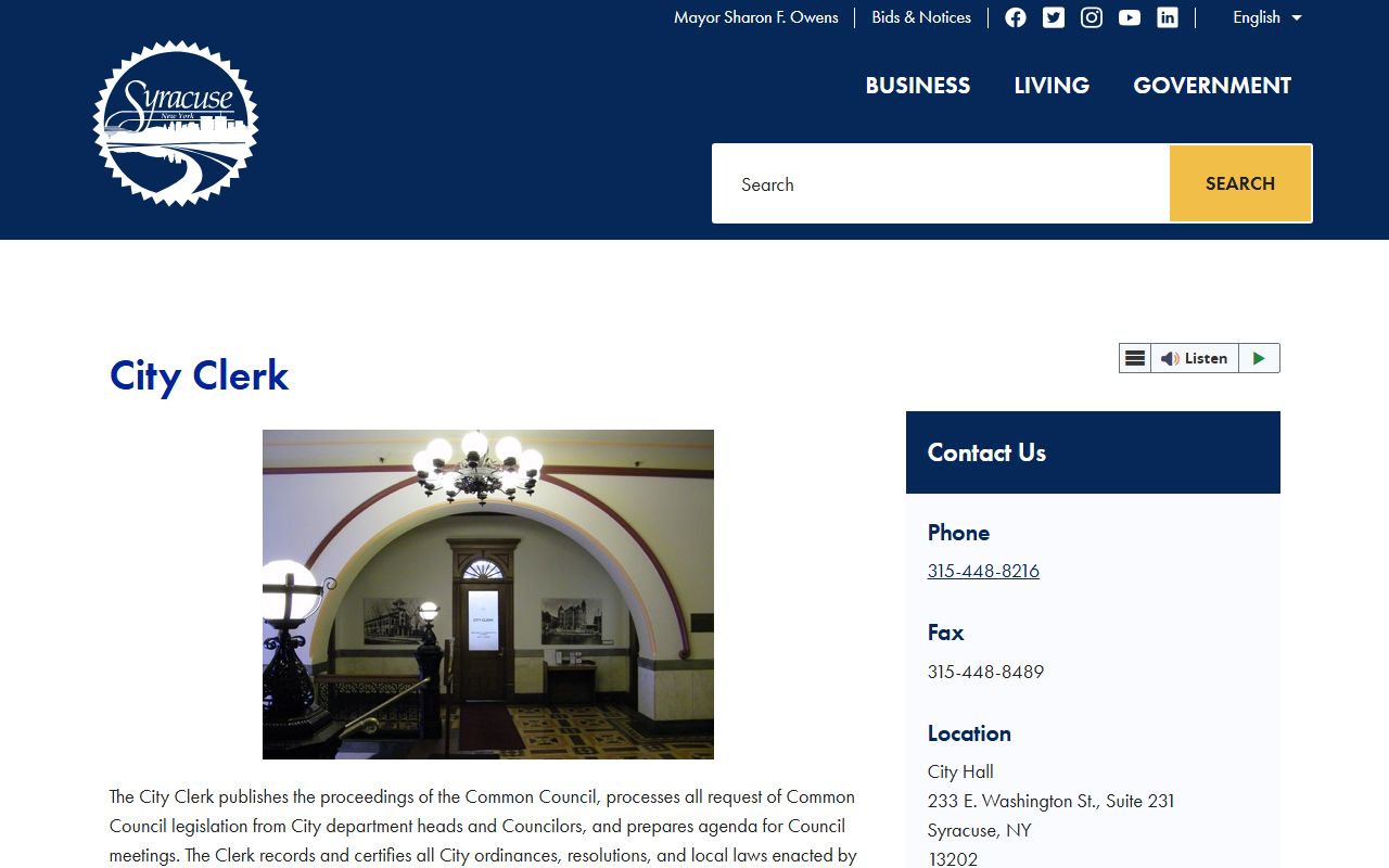 Syracuse City Clerk website for white pages record searches