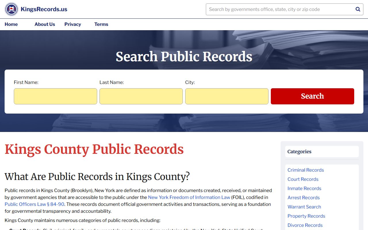 Kings County Clerk Records portal for white pages searches