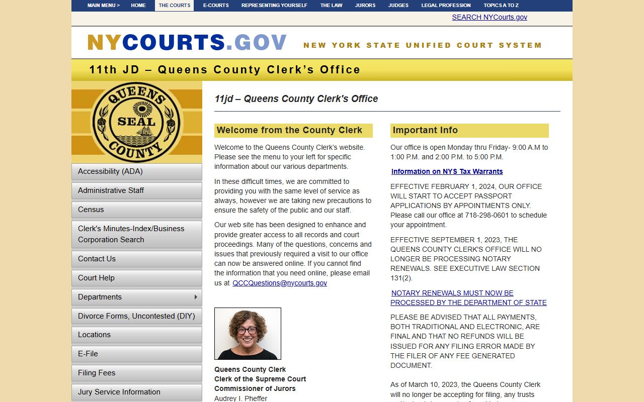 Queens County Clerk official portal for white pages searches