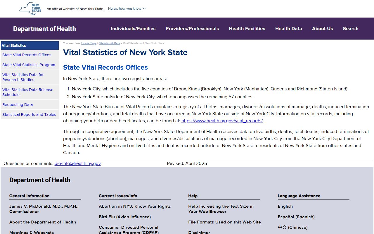 New York State Department of Health vital statistics portal for Middletown white pages searches