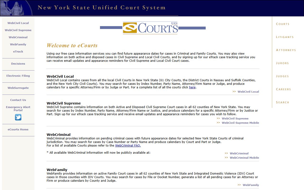 NYS Unified Court System eCourts portal for New York White Pages court record searches